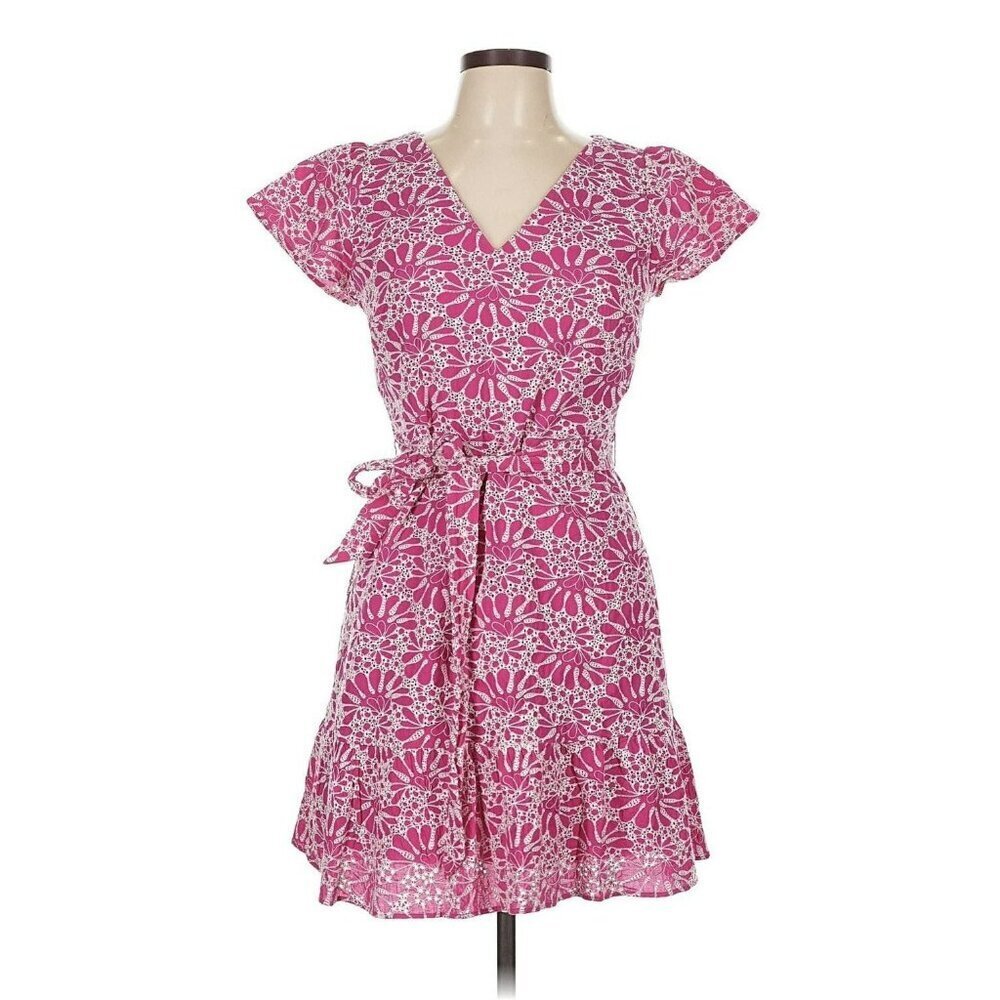 Short Sleeve Belted Bright Pink Dress w/ White Floral Embroidery Overlay Size 12